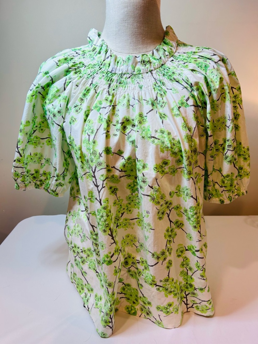 J. Crew Smocked Neck Puff Sleeve Cotton Top Line Cherry Blossom Size Small